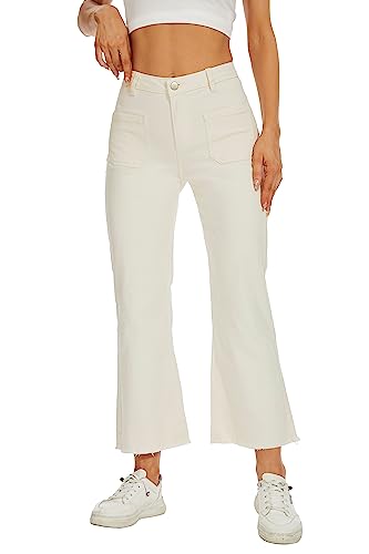 DECIVI Women Straight Leg Capris Jeans Mid Rise Cropped Pants Stretchy Ankle Length with Pockets White
