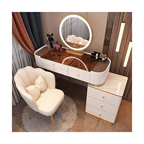 UTMACH Vanity Nordic Vanity Desk with Glass Tabletop, Makeup Vanity with Ergonomic Chair, Dressing Table with Lights Mirror and Drawers Desk Sturdy