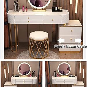 UTMACH Vanity Nordic Vanity Desk with Glass Tabletop, Makeup Vanity with Ergonomic Chair, Dressing Table with Lights Mirror and Drawers Desk Sturdy