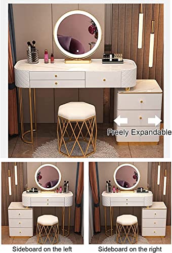 UTMACH Vanity Nordic Vanity Desk with Glass Tabletop, Makeup Vanity with Ergonomic Chair, Dressing Table with Lights Mirror and Drawers Desk Sturdy