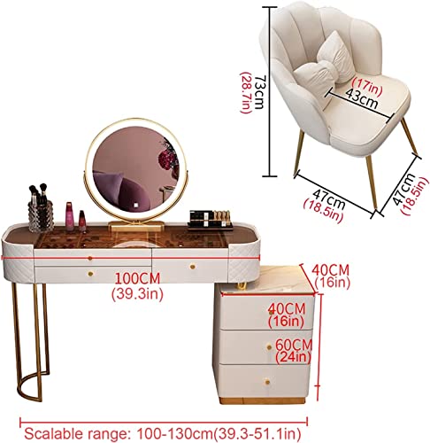 UTMACH Vanity Nordic Vanity Desk with Glass Tabletop, Makeup Vanity with Ergonomic Chair, Dressing Table with Lights Mirror and Drawers Desk Sturdy