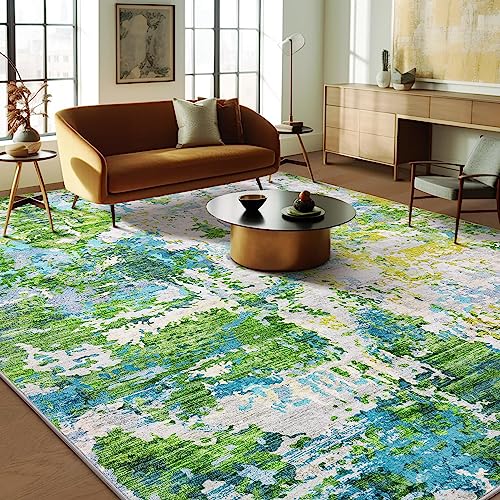 Area Rug Living Room Rugs - 8x10 Washable Large Modern Abstract Soft No Slip Indoor Rug Thin Floor Carpet for Bedroom Under Dining Table Home Office Decor - Green