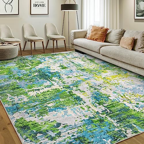 Area Rug Living Room Rugs - 8x10 Washable Large Modern Abstract Soft No Slip Indoor Rug Thin Floor Carpet for Bedroom Under Dining Table Home Office Decor - Green