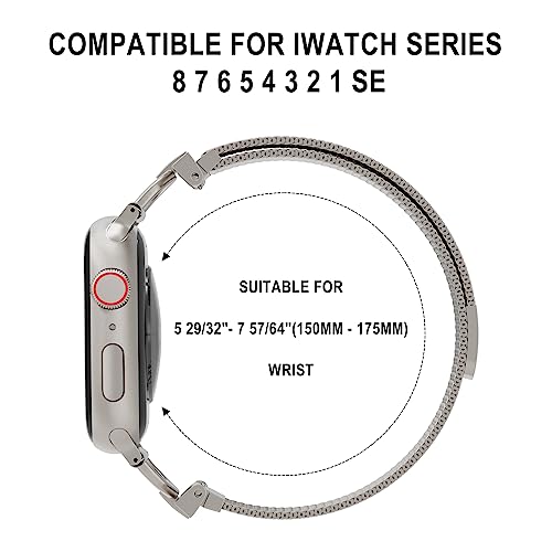 MOSINBAND Compatible with Apple Watch Band 38mm 40mm 41mm,Slim Stainless Steel Mesh Loop Magnetic Clasp Strap for iWatch SE & Series 8 7 6 5 4 3 2 1 Women Men, Starlight