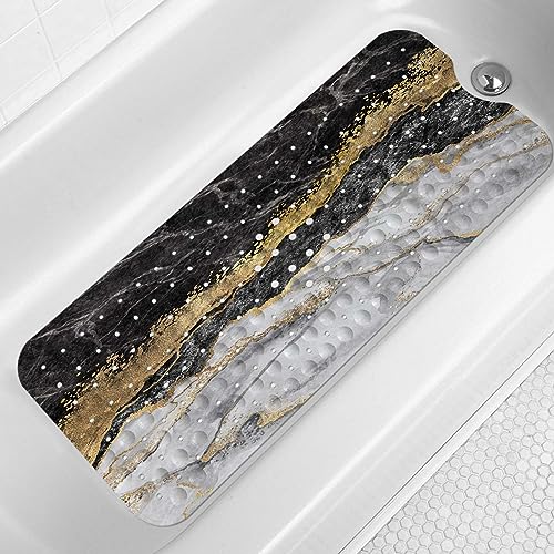 LNOND Bathtub Mat for Bathroom Non Slip,Shower mats for Showers Anti Slip with Drain Holes and Suction Cups(Black Marble,40 X 16 Inch)