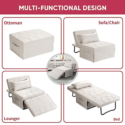 Sofa Bed, Convertible Chair, 4 in 1 Multi-Function Folding Ottoman, Couch Bed with Adjustable Backrest, Couch Bed for Living Room, Apartment, Office, Modern, Linen, White