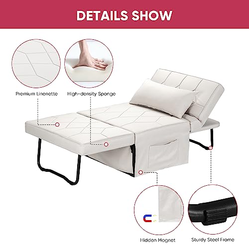 Sofa Bed, Convertible Chair, 4 in 1 Multi-Function Folding Ottoman, Couch Bed with Adjustable Backrest, Couch Bed for Living Room, Apartment, Office, Modern, Linen, White