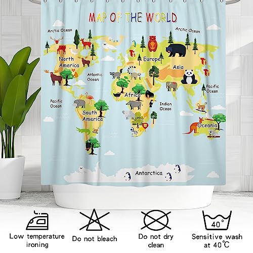 Animal World Map Children's Shower Curtain Fun Cartoon Educational Tools Plants Marine Waterproof Fabric Bathroom 72 X 72 Inches with Hooks…