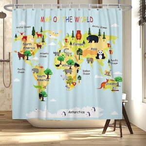 Animal World Map Children's Shower Curtain Fun Cartoon Educational Tools Plants Marine Waterproof Fabric Bathroom 72 X 72 Inches with Hooks…