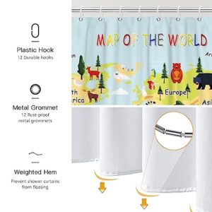 Animal World Map Children's Shower Curtain Fun Cartoon Educational Tools Plants Marine Waterproof Fabric Bathroom 72 X 72 Inches with Hooks…