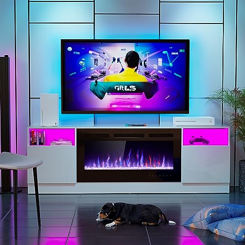 AHB 70" Fireplace TV Stand for TVs Up to 80" with 36" Electric Fireplace, TV Console for The Living Room, LED Light Entertainment Center, Storage Cabinet, Media Console Table, White