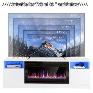 AHB 70" Fireplace TV Stand for TVs Up to 80" with 36" Electric Fireplace, TV Console for The Living Room, LED Light Entertainment Center, Storage Cabinet, Media Console Table, White