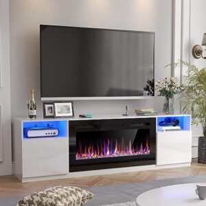 AHB 70" Fireplace TV Stand for TVs Up to 80" with 36" Electric Fireplace, TV Console for The Living Room, LED Light Entertainment Center, Storage Cabinet, Media Console Table, White