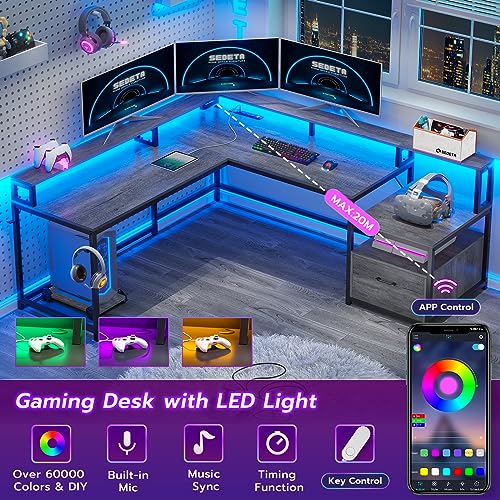 SEDETA L Shaped Desk, 66" Home Office Desk with File Drawer & Power Outlet, Gaming Desk with Led Lights, Corner Computer Desk with Monitor Shelf, Printer Storage Shelves, Two Person Desk, Grey