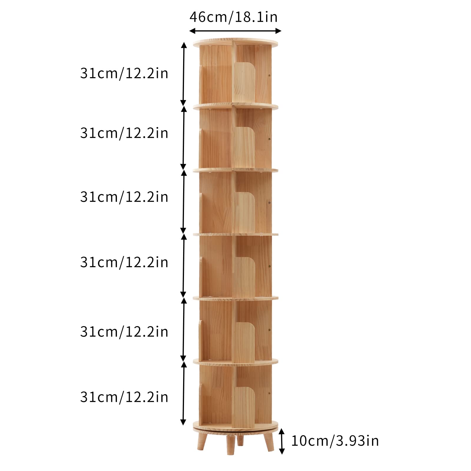 LyeXD 6 Tiers Wood Narrow Bookshelf, 360 Rotating Book Shelf Display Bookcase, Multi-Functional Floor Standing Book case Organizer for Living Room, Bedroom,Home,Office