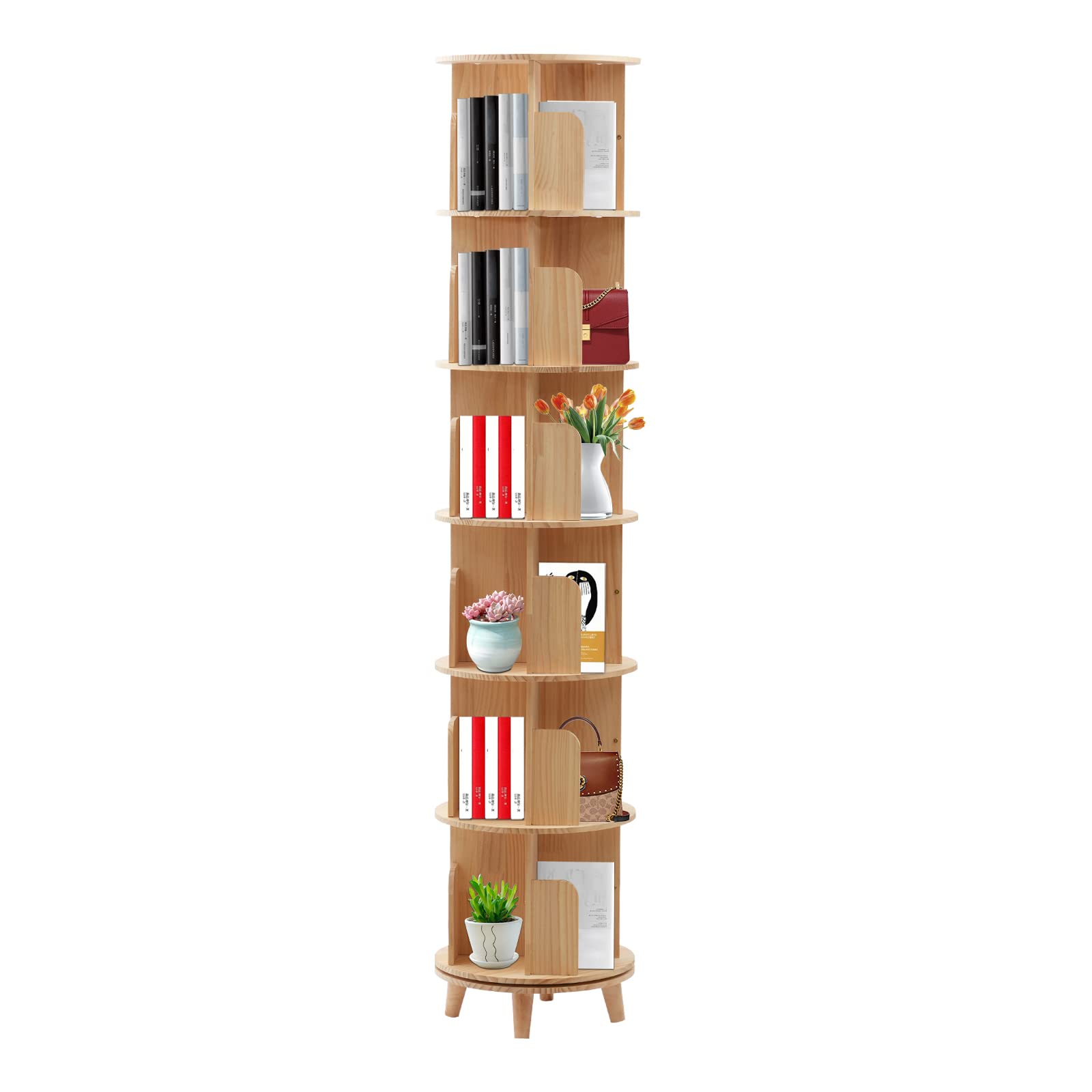 LyeXD 6 Tiers Wood Narrow Bookshelf, 360 Rotating Book Shelf Display Bookcase, Multi-Functional Floor Standing Book case Organizer for Living Room, Bedroom,Home,Office