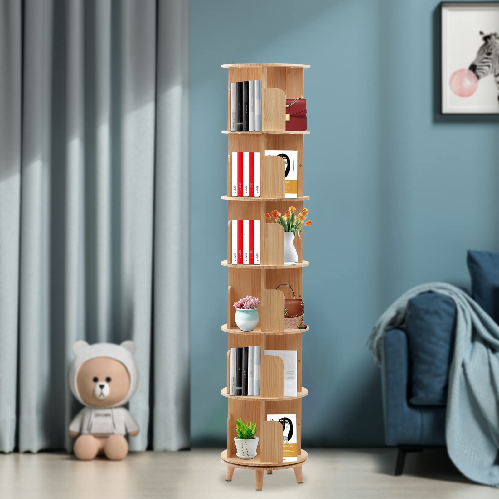 LyeXD 6 Tiers Wood Narrow Bookshelf, 360 Rotating Book Shelf Display Bookcase, Multi-Functional Floor Standing Book case Organizer for Living Room, Bedroom,Home,Office