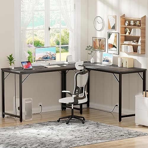 iSunirm Computer Desk with Power Outlets and USB Charging Ports, 48 Inch Modern Home Office Desks, Sturdy Student Writing Table, Simple Laptop PC Gaming Desk for Bedroom Workstation, Black Oak
