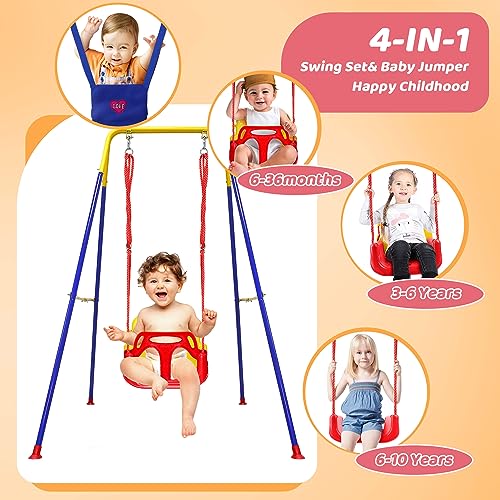 HHNAEJX 4-in-1 Toddler Swing Set and Baby Jumper, Baby Swing Stand Indoor/Outdoor Play,Anti-Flip Snug & Easy to Assemble Infants to Teens Kids Swing Seat for Playground