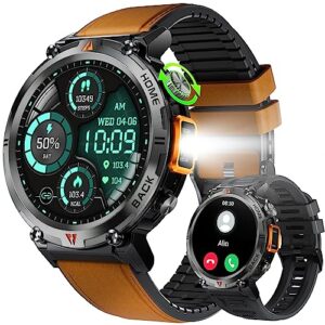 military smart watches for men (call receive/dial) with led flashlight, 1.45" hd rugged outdoor tactical smartwatch, fitness tracker watch with heart rate sleep monitor for iphone android phone