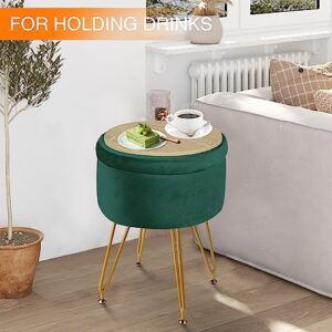 ECOMEX Velvet Round Ottoman with Storage, Golden Metal Legs, Coffee Table Tray Cover Footstool Makeup Vanity Stool Modern Furniture for Living Room Bedroom, Green