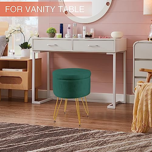 ECOMEX Velvet Round Ottoman with Storage, Golden Metal Legs, Coffee Table Tray Cover Footstool Makeup Vanity Stool Modern Furniture for Living Room Bedroom, Green