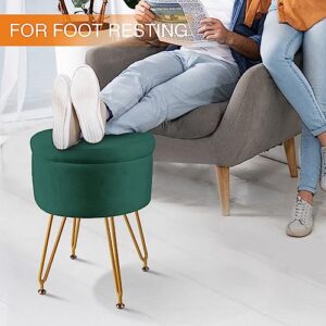 ECOMEX Velvet Round Ottoman with Storage, Golden Metal Legs, Coffee Table Tray Cover Footstool Makeup Vanity Stool Modern Furniture for Living Room Bedroom, Green