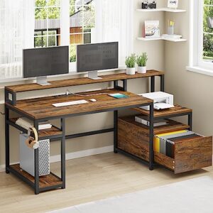 sedeta home office desk with file drawer & power outlet, 66'' computer desk with storage shelves, printer cabinet and monitor shelf, computer table writing desk workstation, rustic brown