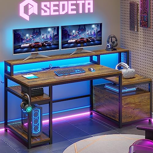 SEDETA Home Office Desk with File Drawer & Power Outlet, 66'' Computer Desk with Storage Shelves, Printer Cabinet and Monitor Shelf, Computer Table Writing Desk Workstation, Rustic Brown