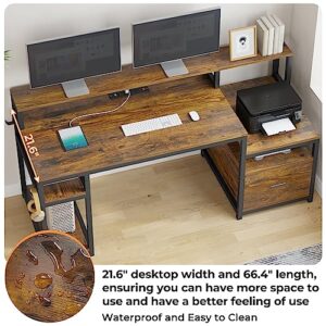 SEDETA Home Office Desk with File Drawer & Power Outlet, 66'' Computer Desk with Storage Shelves, Printer Cabinet and Monitor Shelf, Computer Table Writing Desk Workstation, Rustic Brown