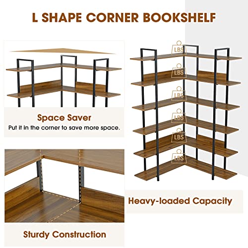 Tall Bookcase Shelf Storage Organizer 6 Tiers, L-Shape Corner Bookshelf with Anti-toppling Fitting, Industrial Display Standing Shelf Units for Living Room Home Office, Each Panel Hold up to 80 lbs