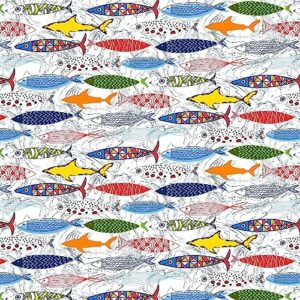 abstract guppies design 100% cotton quilting fabric by the yard (blue, red, yellow, orange)