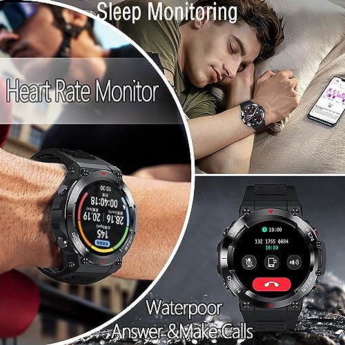 Smart Watch for Men,20m Waterproof Rugged Outdoor Smartwatch with Bluetooth Call 400mAh Battery Life Fitness Watch 1.65" HD Display,100+ Sports Modes Fitness Tracker,for iOS Android Phone,45Black