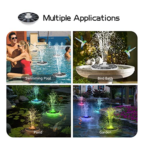 Postlucky Solar Fountain Bird Bath Fountain Pump LED Lights Multicolor with 6 Nozzles Floating Solar Powered Water Fountain IP66 Waterproof Solar Fountain Pump for Garden Swimming Pool Pond Outdoor