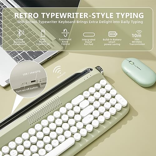 YUNZII Upgraded Wireless Typewriter Keyboard, Retro Keyboard with Integrated Stand, USB-C/Bluetooth Keyboard with Cute Round Keycaps for Multi Device for Win/Mac (B309, Sweet Mint)