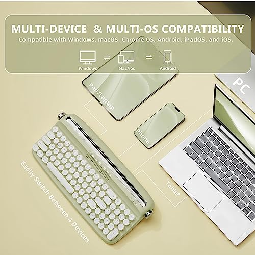 YUNZII Upgraded Wireless Typewriter Keyboard, Retro Keyboard with Integrated Stand, USB-C/Bluetooth Keyboard with Cute Round Keycaps for Multi Device for Win/Mac (B309, Sweet Mint)