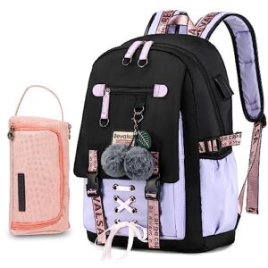 bevalsa school backpack for girls, girls backpack with pen bag, bookbag for girls kids middle high school student schoolbag (purple set)