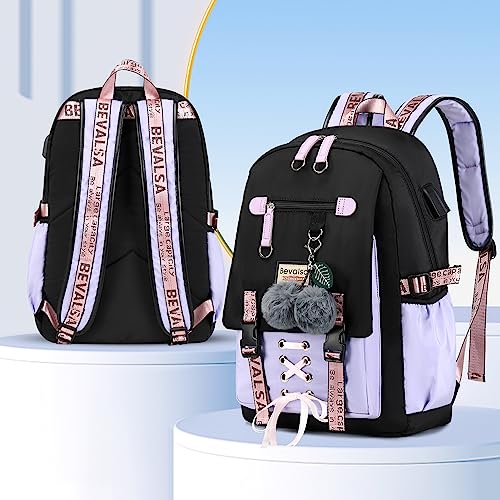 Bevalsa School Backpack for Girls, Girls Backpack with Pen Bag, Bookbag for Girls Kids Middle High School Student Schoolbag (Purple Set)