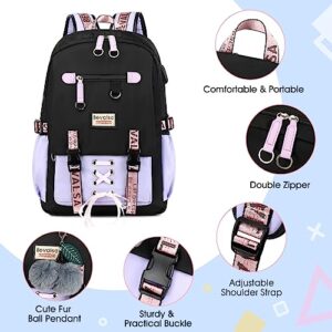 Bevalsa School Backpack for Girls, Girls Backpack with Pen Bag, Bookbag for Girls Kids Middle High School Student Schoolbag (Purple Set)