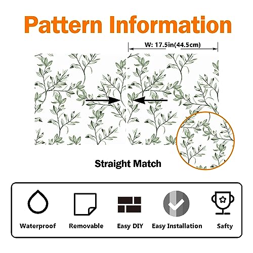 Wallercity Green Leaves Wallpaper Peel and Stick Floral Wallpaper for Cabinets Boho Green Leaf Contact Paper Home Decor Removable Wall Paper 17.5" x 315" Wall Plants White Contact Paper for Shelf