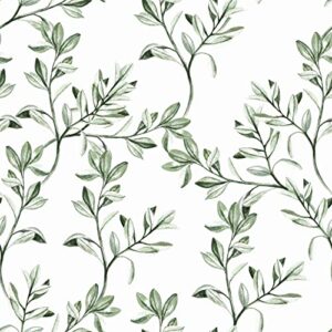 wallercity green leaves wallpaper peel and stick floral wallpaper for cabinets boho green leaf contact paper home decor removable wall paper 17.5" x 315" wall plants white contact paper for shelf