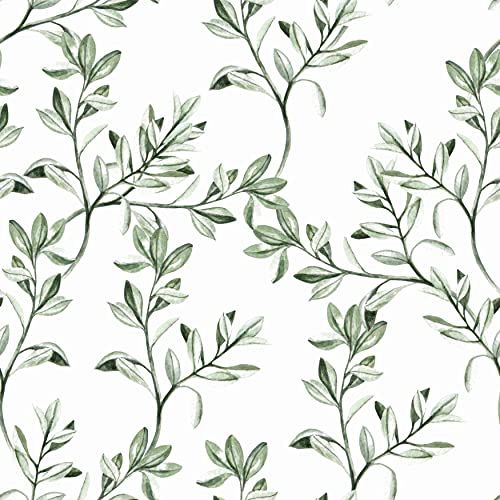 Wallercity Green Leaves Wallpaper Peel and Stick Floral Wallpaper for Cabinets Boho Green Leaf Contact Paper Home Decor Removable Wall Paper 17.5" x 315" Wall Plants White Contact Paper for Shelf