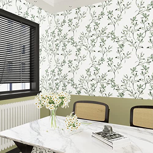 Wallercity Green Leaves Wallpaper Peel and Stick Floral Wallpaper for Cabinets Boho Green Leaf Contact Paper Home Decor Removable Wall Paper 17.5" x 315" Wall Plants White Contact Paper for Shelf