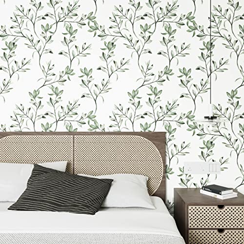 Wallercity Green Leaves Wallpaper Peel and Stick Floral Wallpaper for Cabinets Boho Green Leaf Contact Paper Home Decor Removable Wall Paper 17.5" x 315" Wall Plants White Contact Paper for Shelf