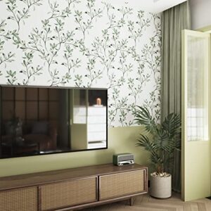 Wallercity Green Leaves Wallpaper Peel and Stick Floral Wallpaper for Cabinets Boho Green Leaf Contact Paper Home Decor Removable Wall Paper 17.5" x 315" Wall Plants White Contact Paper for Shelf