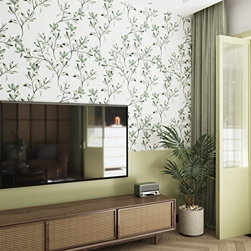 Wallercity Green Leaves Wallpaper Peel and Stick Floral Wallpaper for Cabinets Boho Green Leaf Contact Paper Home Decor Removable Wall Paper 17.5" x 315" Wall Plants White Contact Paper for Shelf