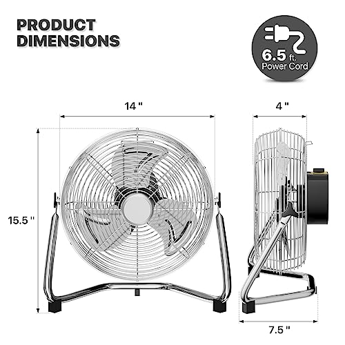 mollie 14 Inch High Velocity Fan Heavy Duty Metal Garage Floor Fan with 3 Speed Adjustable Tilt Portable Quiet Air Circulator for Home Bedroom Commercial Use 1243 CFM