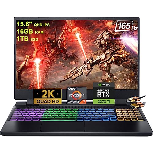 Acer Nitro 5 15 Gaming Laptop 15.6" QHD IPS 165Hz Display AMD Octa-core Ryzen 7 6800H (Beat i7-11370H) 16GB RAM 1TB SSD GeForce RTX3070Ti 8GB Graphic RGB Backlit HDMI USB-C Win11Pro Black + HDMI Cable