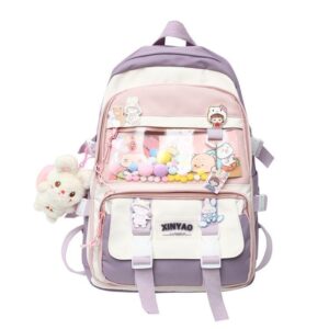 mocadng backpack for girls, kawaii backpack cute aesthetic backpack with pin accessories plush pendant, 17.7 inch backpack for school & travel - durable, water resistant (purple)