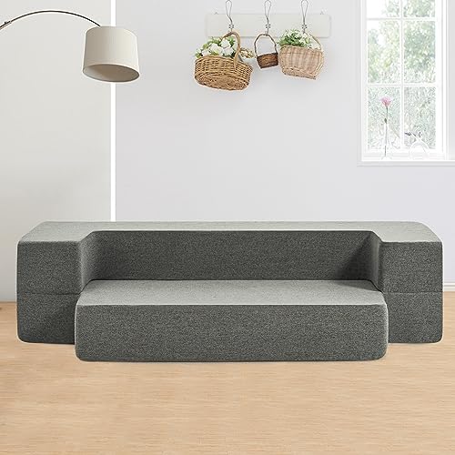 ILPEOD Floor Sofa Bed Futon Couch, Fold Out Couch Bed, Queen Size 8 Inch Memory Foam Folding Sofa Bed Couch, Sleeper Convertible Mattress and Frame for Bedrooms Living Room Gaming Bed, Grey